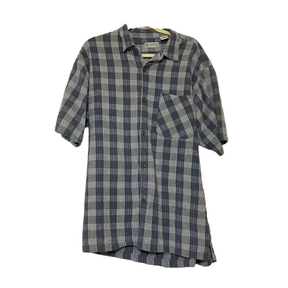 BUGLE BOY Authentic Mens Gray Plaid Short Sleeve Button Front Shirt Size Large‎